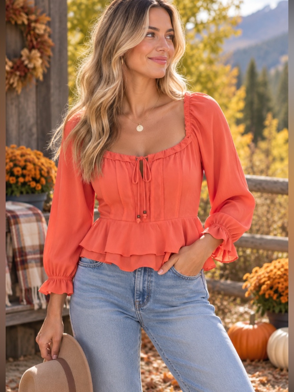 Women’s Coral Peplum Blouse with Ruffle Hem